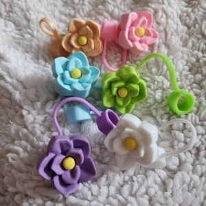 New set of 6 colorful flower straw toppers